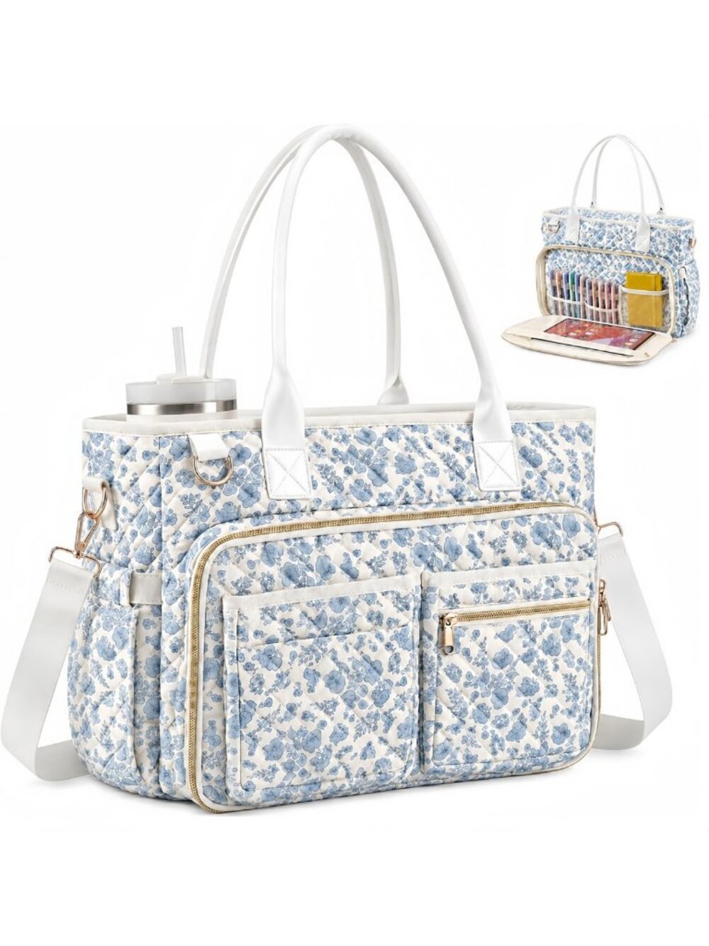 Floral Quilted Tote Bag for Teachers - Stylish 15.6" Work & School Bag
